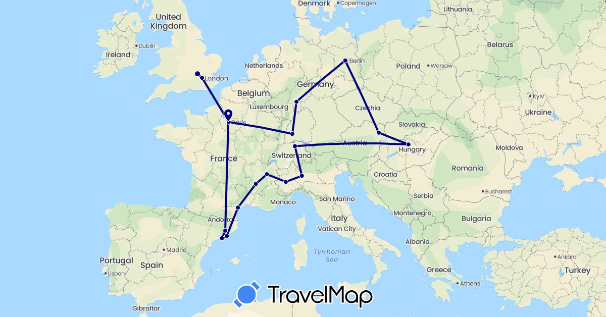 TravelMap itinerary: driving in Austria, Switzerland, Germany, Spain, France, United Kingdom, Hungary, Italy (Europe)